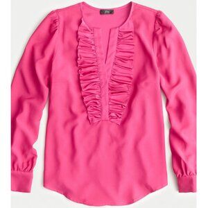J.Crew Long-sleeve ruffle-front top in satin crepe-AE861- BRIGHT BERRY/pink-NWT